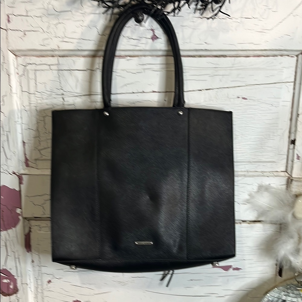 NWOT REBECCA MINKOFF GENUINE Black Leather Tote Bag lg in Black